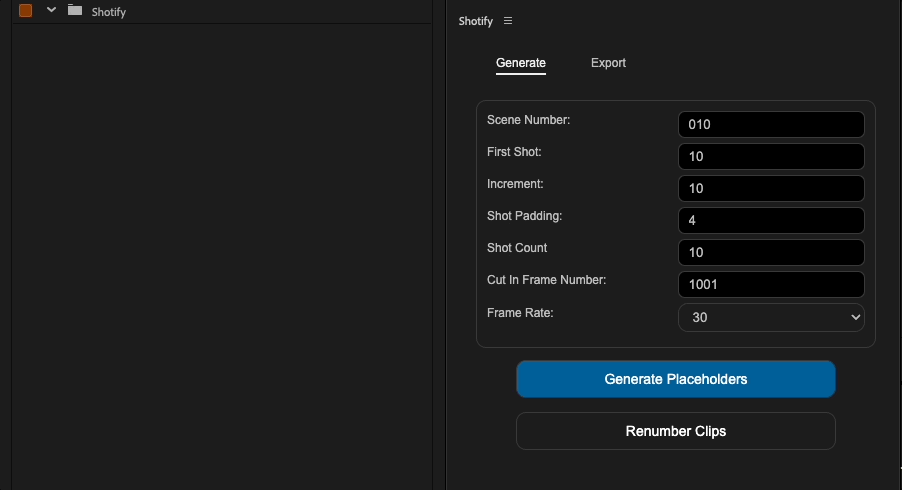 Animated GIF showing the Shotify plugin's generation panel in Premiere Pro